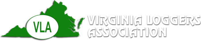 Logo of the Virginia Loggers Association featuring a green outline of Virginia with "VLA" in a white circle and the text "Virginia Loggers Association" in white.