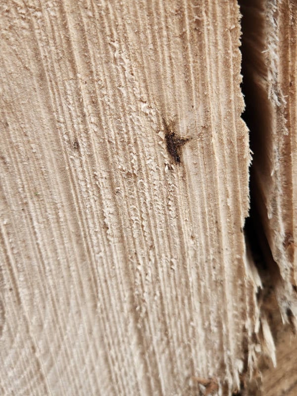 Close-up of rough, textured wood surface with visible grain lines and slight fraying at the edges.